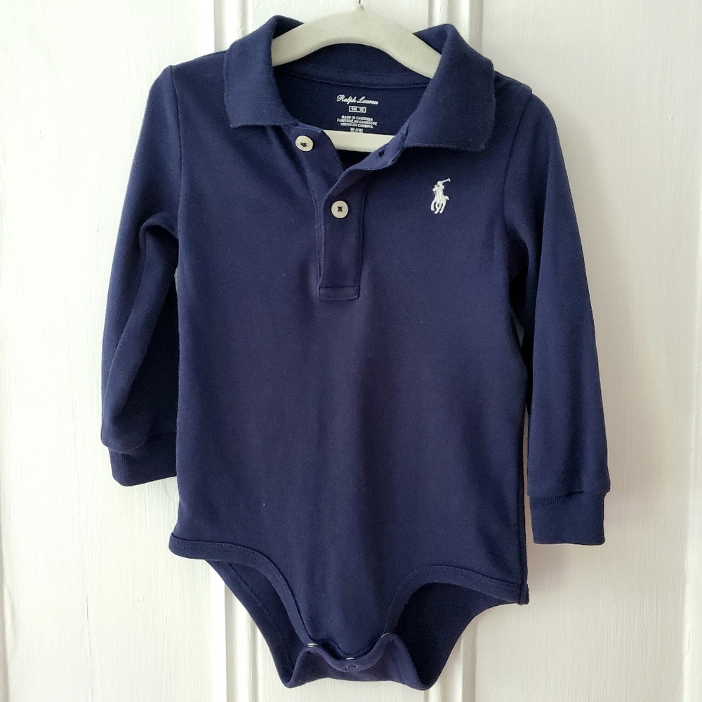 Ralph Lauren Soft Cotton Collared Long Sleeved Bodysuir: Navy Blue 9M Baby Boy